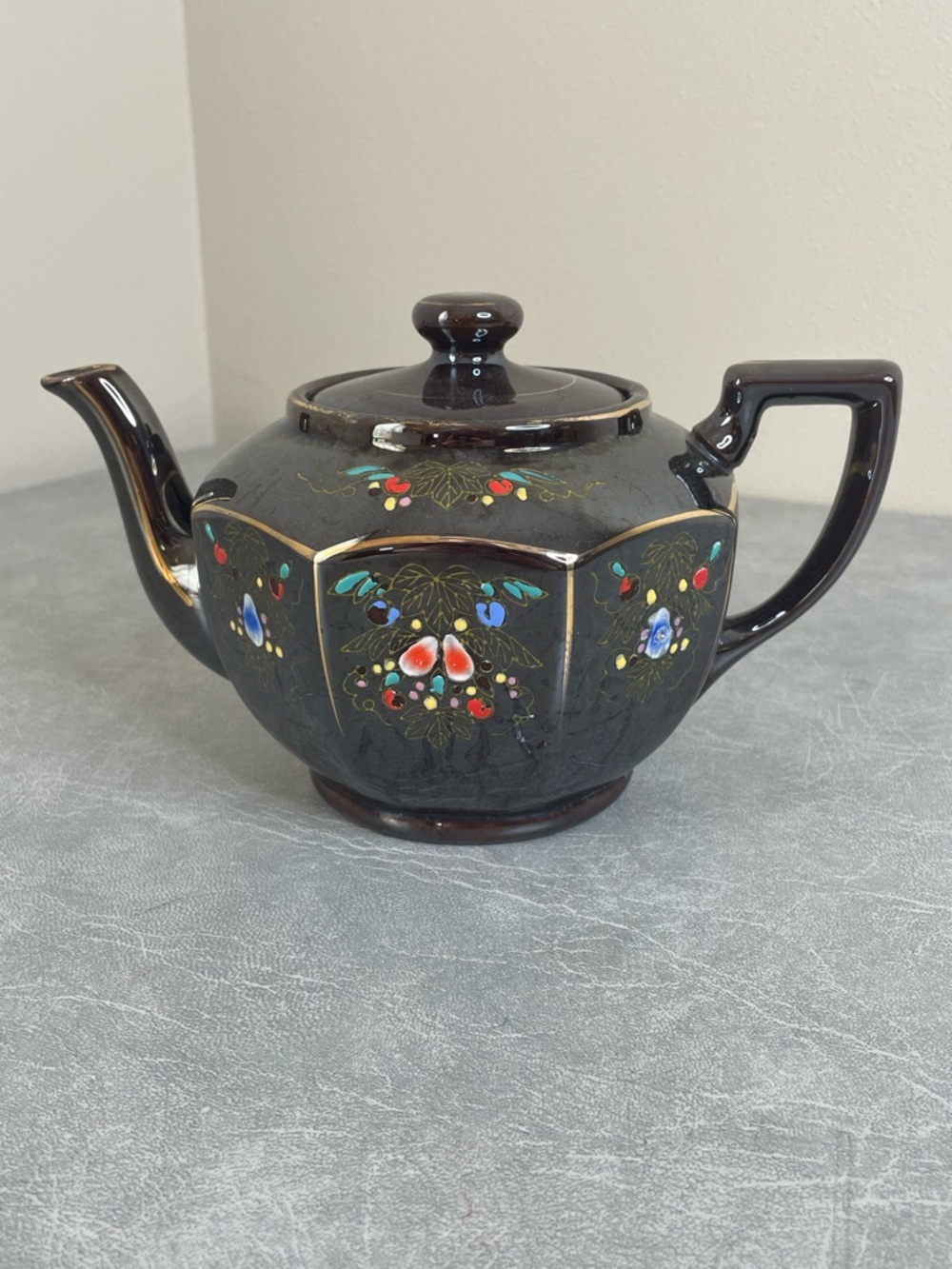 Vintage Mid-Century Japanese Moriage Dark Brown Ceramic Teapot Floral Design